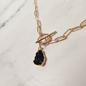 Black Druzy Pendant Toggle Necklace Small Statement Paperclip Jewelry